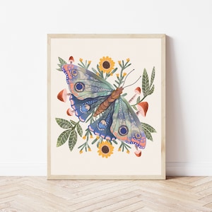 Boho Butterfly Art, Floral Folk Art and Butterfly Illustration, Sunflower, Mushroom, and Botanical Insect Wall Décor, Flora and Fauna Print