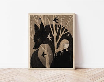 Folk Art Wolf and Girl Print, Forest and Nature Illustration, Animal Wall Décor