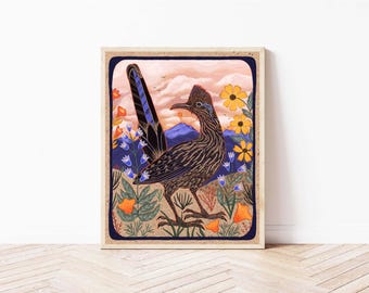 Roadrunner and Wildflowers Folk Art Nature Print - Mountain Illustration - Desert, Celestial, Southwestern Cottagecore Wall Décor