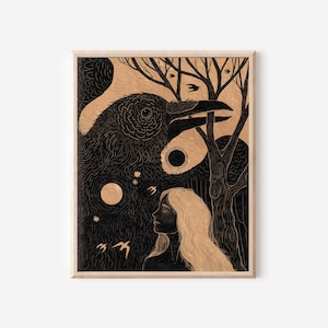 May include: Black and white illustration of a raven with a woman's face in the background. The raven is looking to the right and the woman is looking to the left. The background is a dark forest with a moon and stars.
