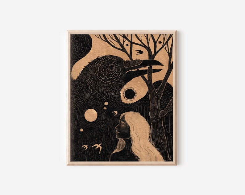 May include: Black and white illustration of a raven with a woman's face in the background. The raven is looking to the right and the woman is looking to the left. The background is a dark forest with a moon and stars.