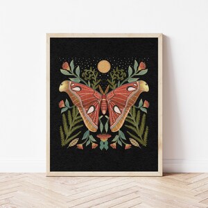 Night Moon and Atlas Moth Botanical Illustration - Fall Moth and Floral Garden Wall Décor - Full Moon, Moth, and Fern, Autumn Colors Print