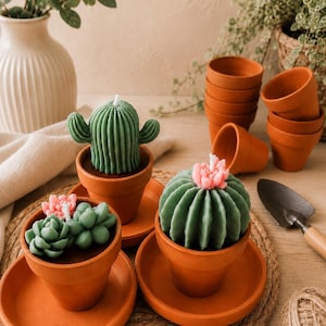 May include: Green cactus-shaped candles with pink flower accents sit in terracotta pots on matching saucers. Several empty terracotta pots and a small gardening trowel are also visible, suggesting a gardening theme.