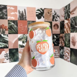 Peachy / Glass Cup / Glass Tumbler with Lid & Straw / Coffee Cup Mug / Beer Can Glass / Bookish Gifts / Gifts for Her / Gift Sets
