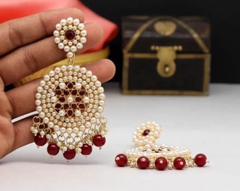 Maroon Color Glass Stone Antique Earrings Set/Dialy wear Earrings/Indian Earrings/bridal bangles Earrings/Wedding jewelry