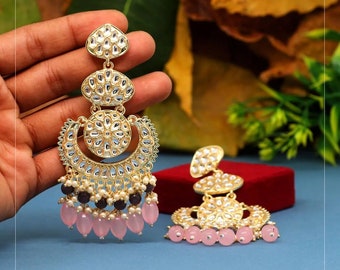 Pink Color Kundan Earrings Set/Dialy wear Earrings/Indian Earrings/bridal bangles Earrings/Wedding jewelry