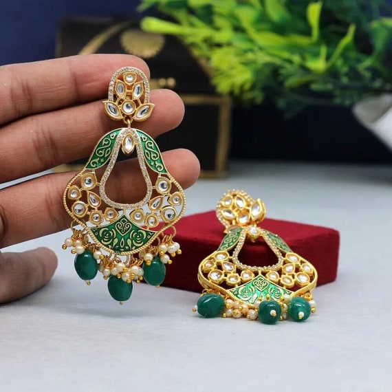 Green Color Kudan Meenakari Earrings Set dialy Wear Earrings