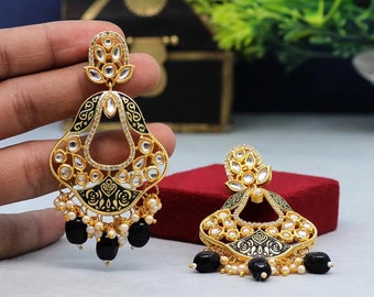 Black Color Kundan Kudan Meenakari Earrings Set/Dialy wear Earrings/Indian Earrings/bridal bangles Earrings/Wedding jewelry