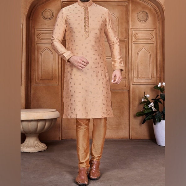 Panjabi Sherwani  Style  With Pajama-Light Peach Color/Beautiful Men's Wear/Traditional Party Wear/Pakistani Style