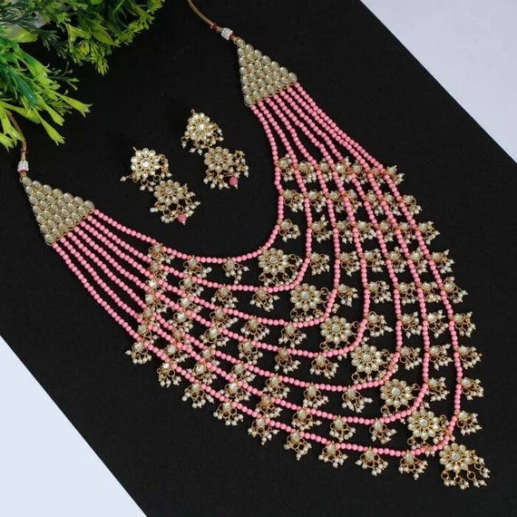 Pink colour necklace set deals