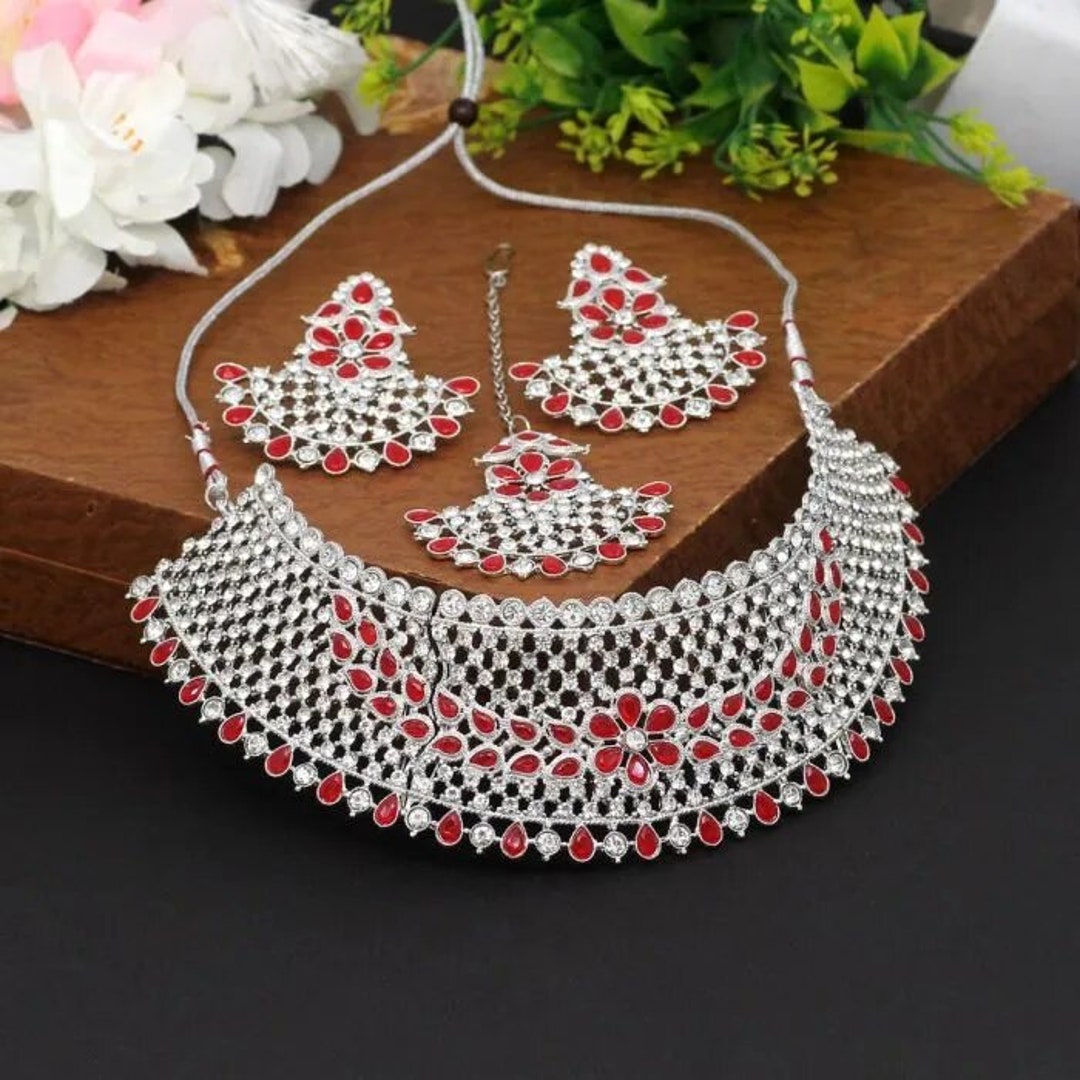 Red Stone Bridal Necklace Earrings CZ Tikka Set