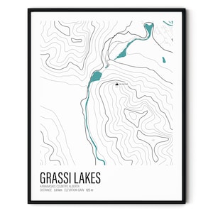 Grassi Lakes, Canmore, Kananaskis, Alberta, Canada, impression de carte, carte topographique, carte des contours, carte des sentiers, art numérique, cadeau de randonneur, randonnée