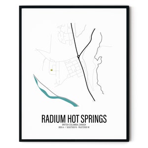 Sources chaudes de Radium, vallée de la Columbia, Colombie-Britannique, Canada, plan de la ville, impression de carte, carte topographique, carte des contours, décoration d'intérieur, décoration murale