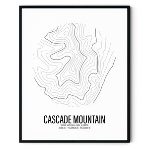 Cascade Mountain, Banff, Parc national Banff, Alberta, Canada, carte des montagnes, impression de carte, carte topographique, carte des contours, décoration d'intérieur, cadeau de randonneur