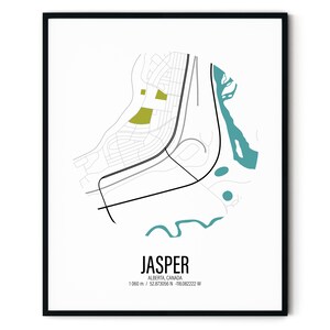 Jasper, Parc national de Jasper, Alberta, Canada, impression de carte, carte topographique, carte des contours, plan de la ville, décoration d'intérieur, décoration murale, art numérique