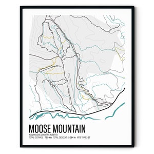 Moose Mountain, Moose MTB Trails, Kananaskis, Alberta, Canada, carte des sentiers de VTT, impression de carte, carte topographique, carte des contours, décoration d'intérieur, motard