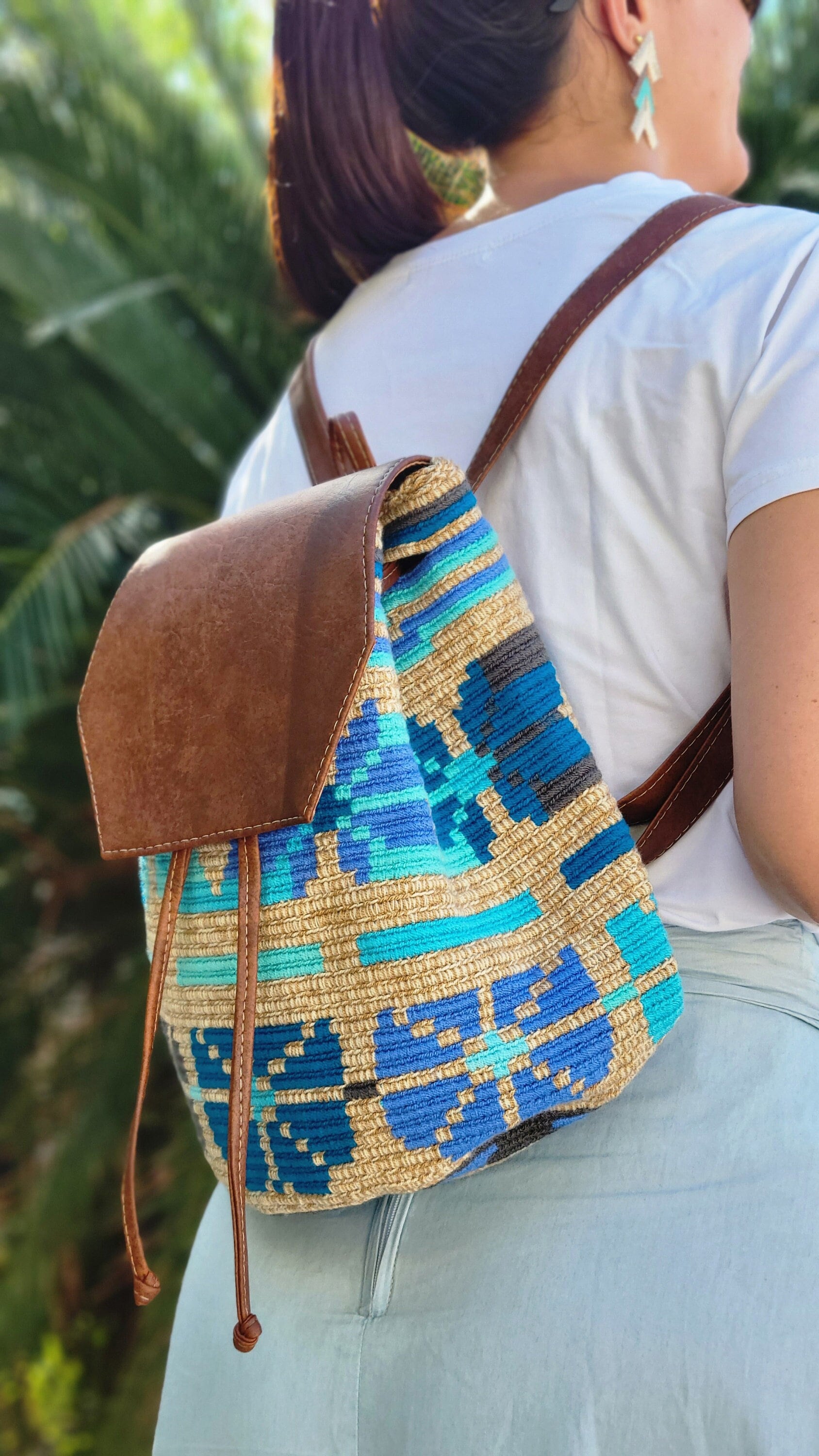 Backpack / Handmade backpack / crochet wayuu backpack with genuine leather Sunburst Crochet Wayuu Backpack – Handmade Boho Chick Earth  main image 4