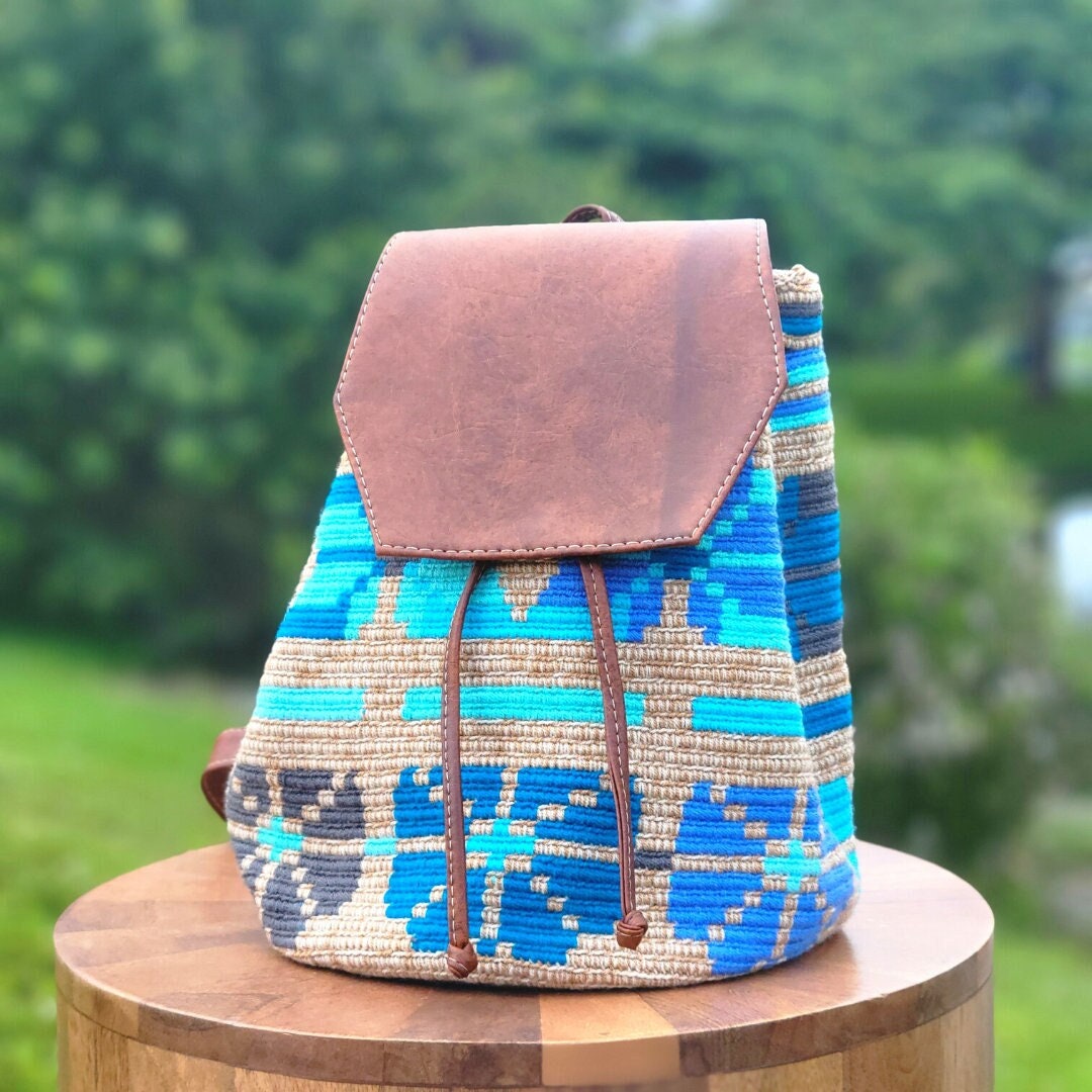 Handmade Crochet Backpack: Wayuu Design, Genuine Leather - Etsy