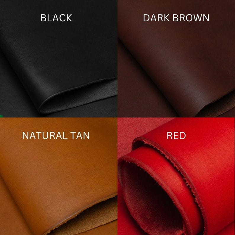 Op de afbeelding: Vier lederen swatches in verschillende kleuren: zwart, donkerbruin, natuurlijke tan en rood.