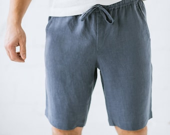 Men's washed soft linen grey shorts with pockets and elastic waist