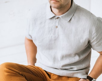 Men's linen polo shirt with short sleeves, light grey soft washed linen polo shirt with small collar
