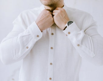 Heren linnen klassiek overhemd met lange mouwen en bandkraag, oxford overhemd met lange mouwen en houten knopen