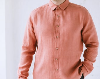 Men's linen classic shirt with long sleeves and straight collar, oxford shirt with long sleeves and wooden buttons