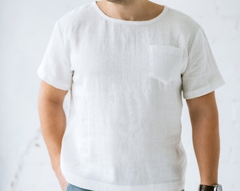 Men's linen shirt with short sleeves and pocket on the chest, white basic washed soft linen summer shirt