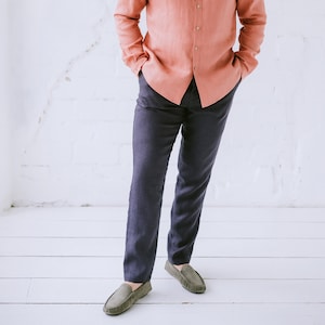 Men's washed soft linen trousers with button and pockets, asphalt gray linen pants for men