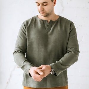 Men&#39;s basic linen shirt with long sleeves, soft washed linen henley shirt for men