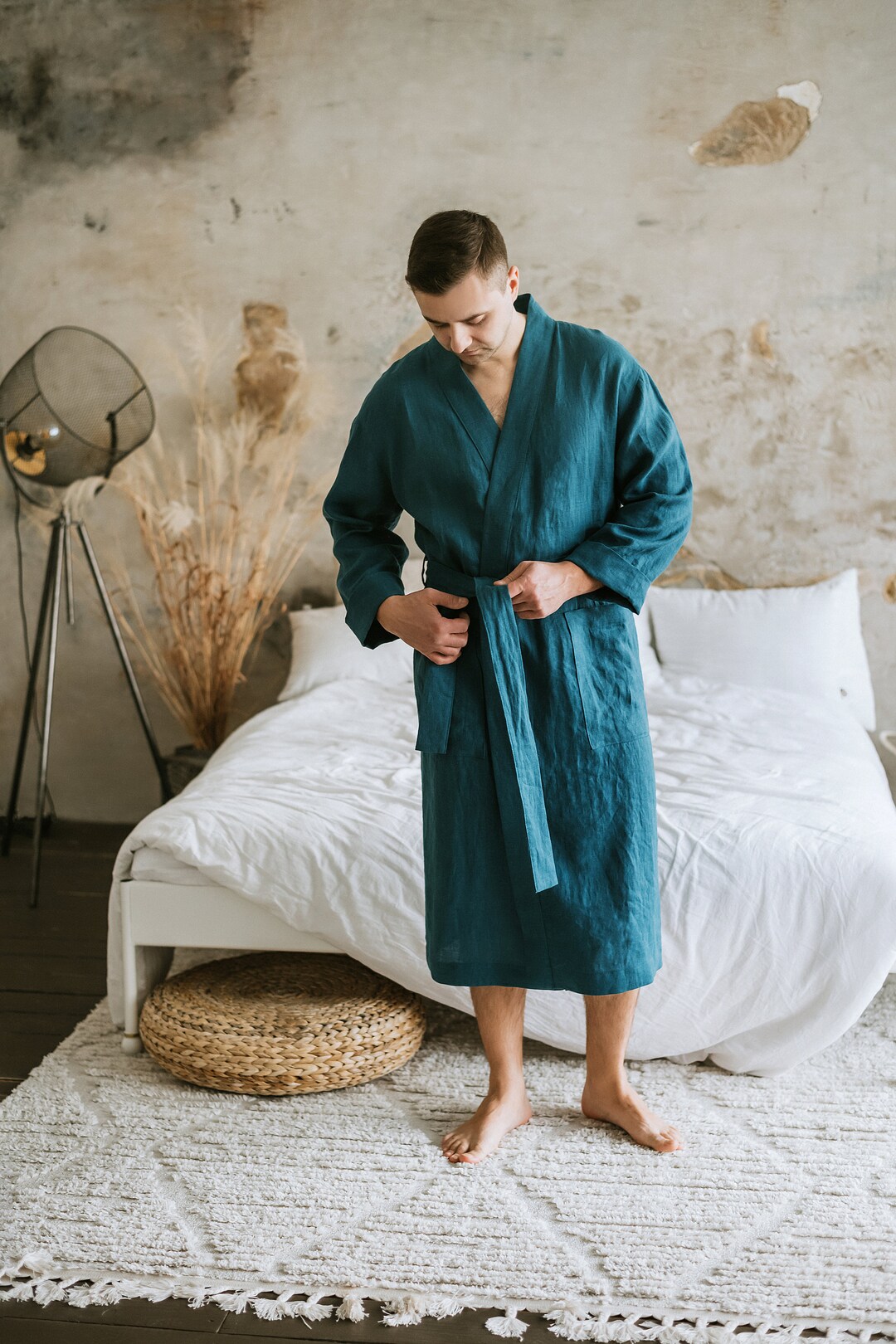 Men's Linen Bathrobe With Belt, Washed Soft Vidirian Blue Linen Robe ...