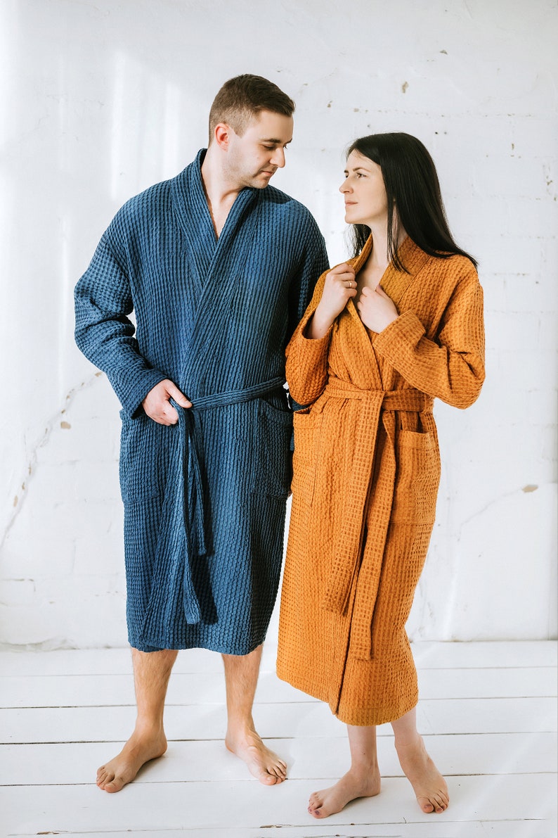 Unisex Linen Waffle Robe With Pockets and Belt, Women's Linen Waffle