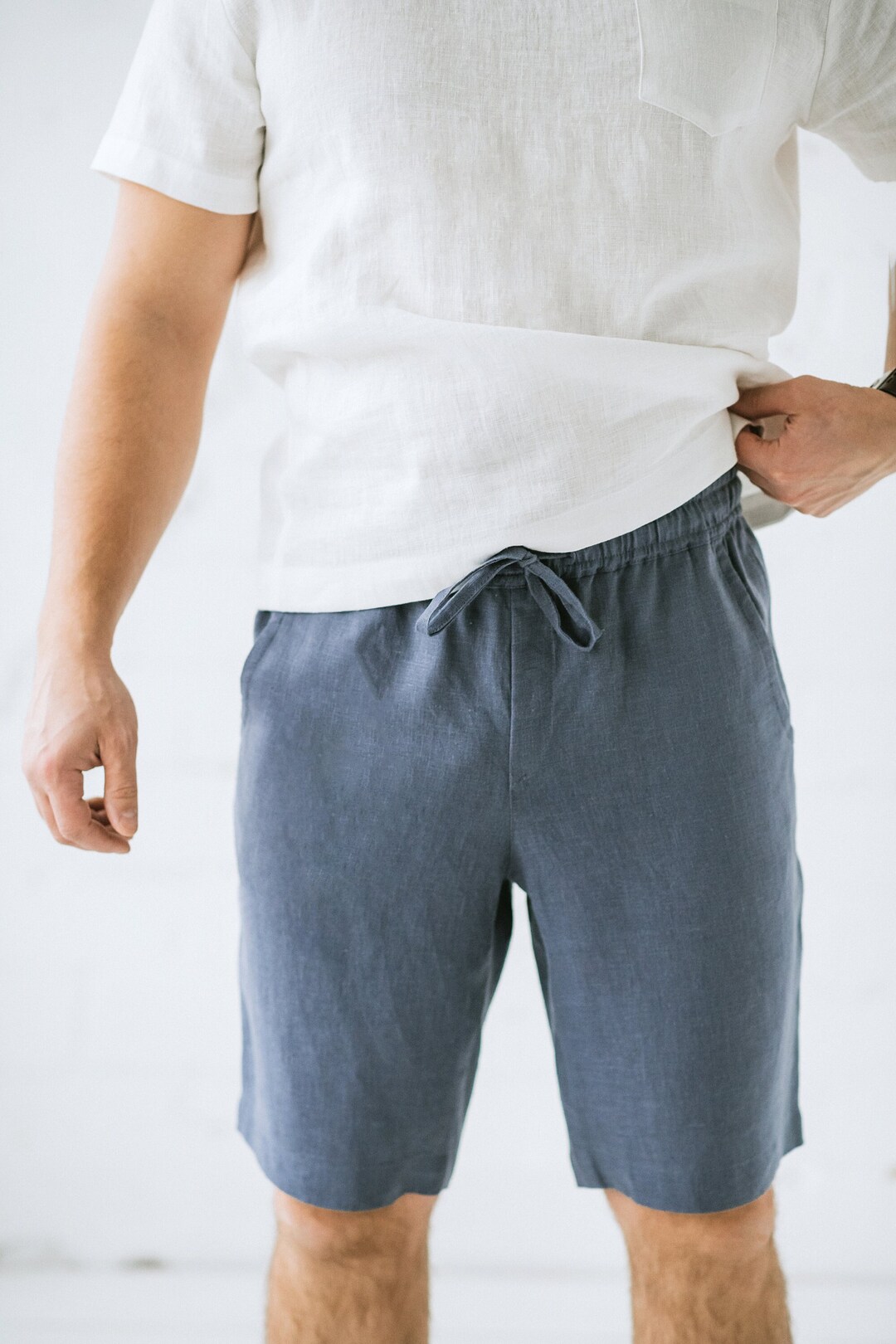 Men's Washed Soft Linen Grey Shorts With Pockets and Elastic Waist Etsy