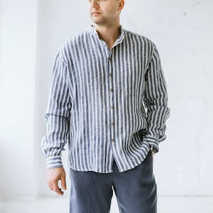 Men&#39;s linen striped shirt with long sleeves and band collar, summer linen shirt with long sleeves and wooden buttons