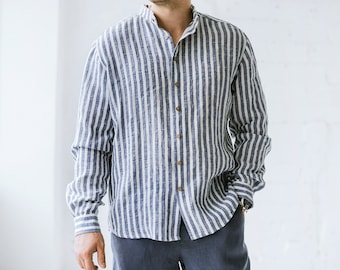 Men's linen striped shirt with long sleeves and band collar, summer linen shirt with long sleeves and wooden buttons