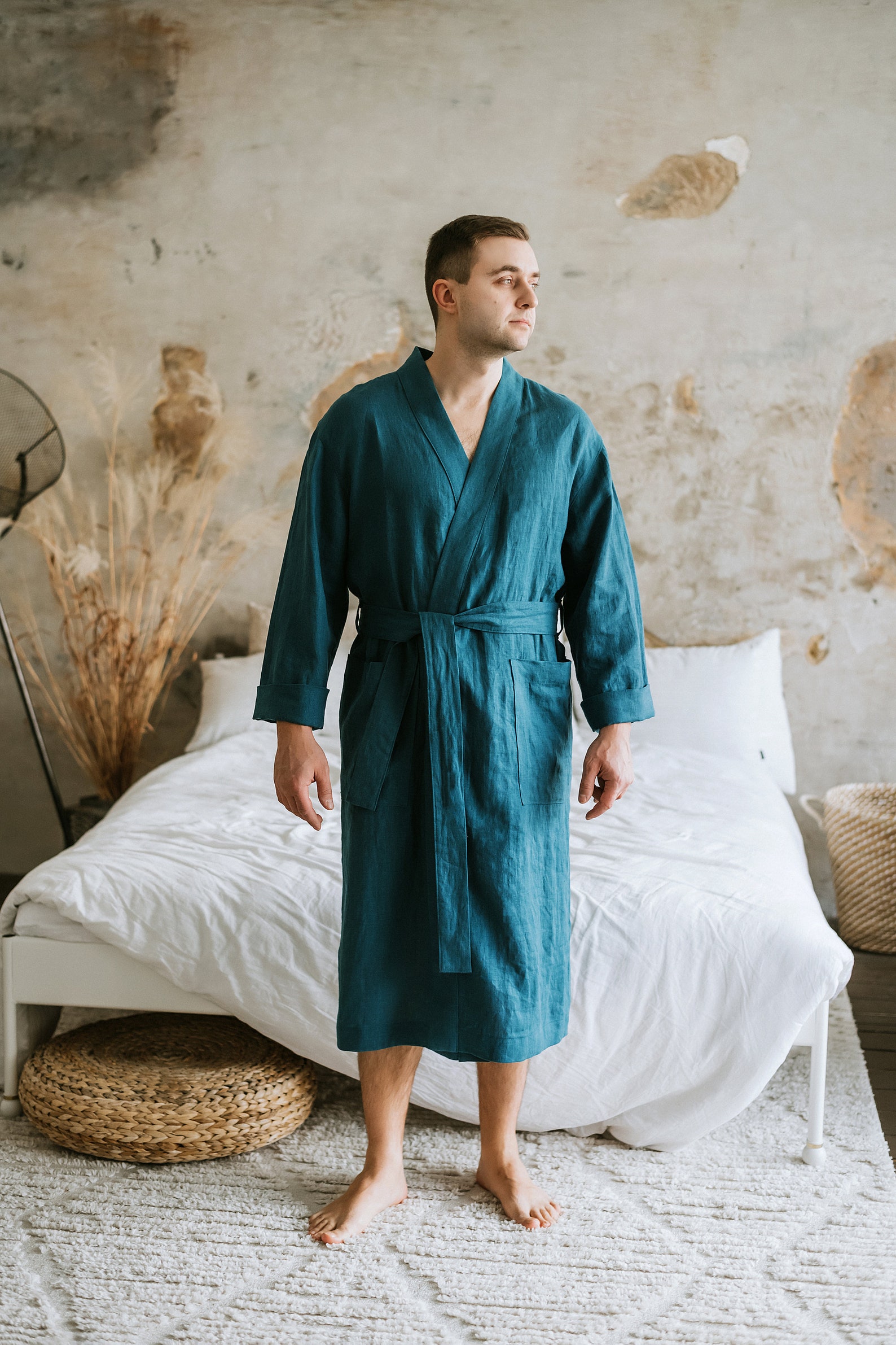 Men's Linen Bathrobe With Belt, Washed Soft Vidirian Blue Linen Robe ...