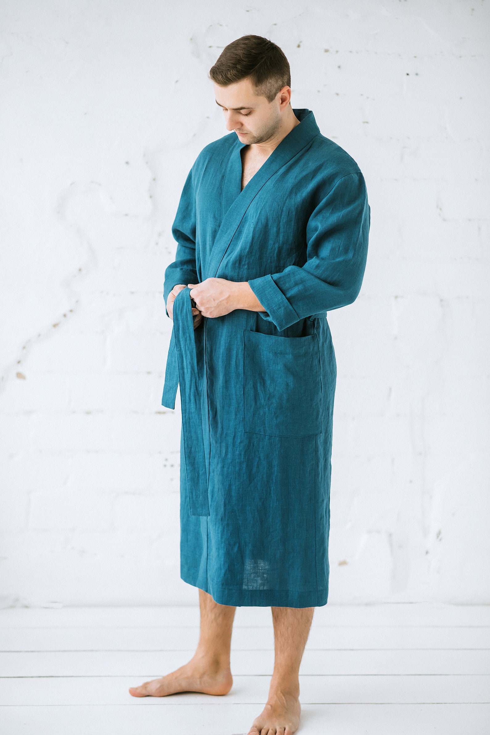 Men's Linen Bathrobe With Belt, Washed Soft Vidirian Blue Linen Robe,gift for Men Etsy