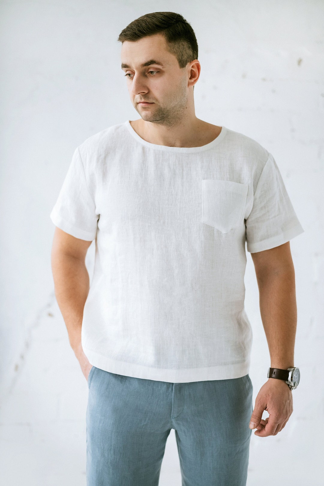 Men's Linen Shirt With Short Sleeves and Pocket on the Chest, White ...