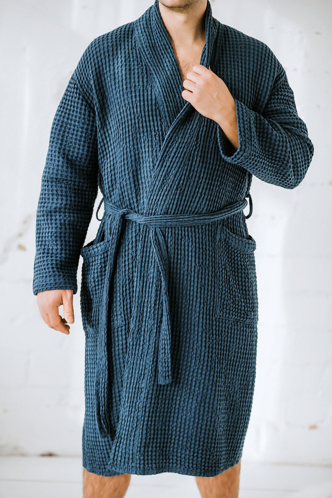 Men's Linen Waffle Robe With Pockets, Unisex Linen Waffle Bath Robe
