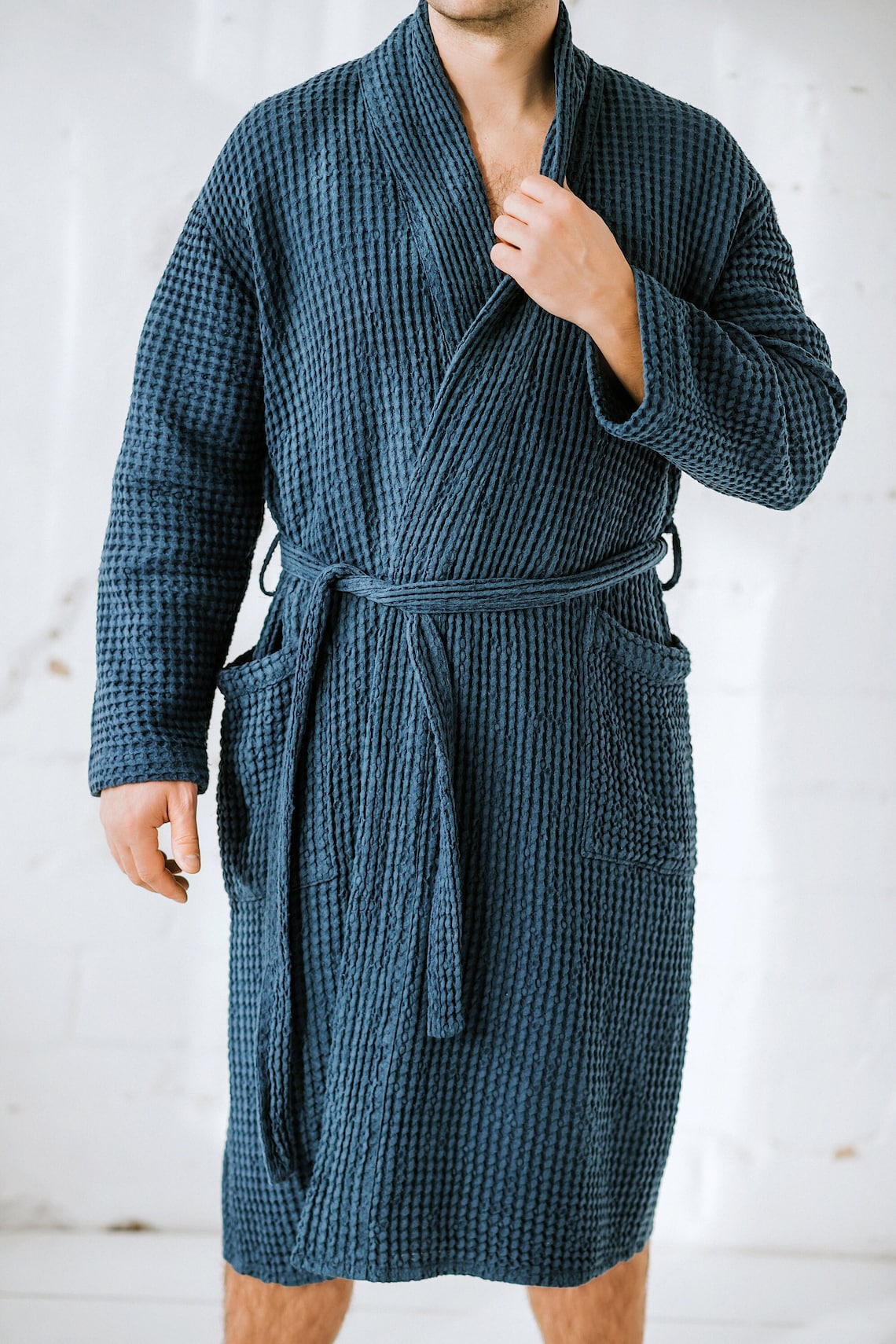 Men's Linen Waffle Robe With Pockets, Unisex Linen Waffle Bath Robe ...