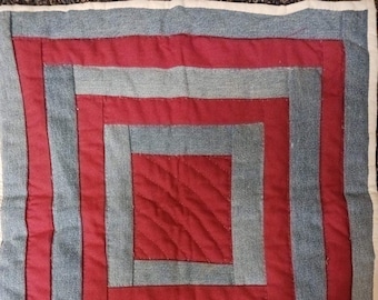 Hand Sewn Gee's Bend Quilt: Red & Blue Cotton Housetop Pattern