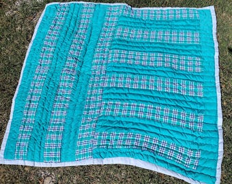 Hand Sewn Gee's Bend Quilt: Turquoise Cotton Wall Hanging (40x39)