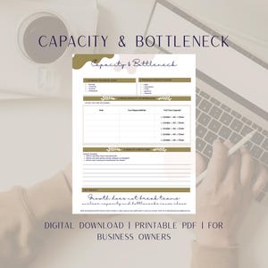 Pode incluir: Uma planilha PDF digital intitulada "Capacity & Bottleneck" para proprietários de empresas. A planilha inclui seções para níveis de receita, foco de crescimento, capacidade da equipe e uma verificação da realidade. O texto "Growth does not break teams, unclear capacity and bottlenecks cause chaos" também é visível.