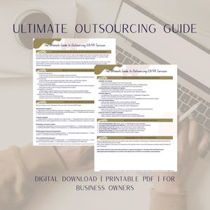 May include: A digital download guide for business owners on how to outsource executive and virtual assistant services. The guide includes tips on identifying needs, choosing professionals, setting expectations, and measuring impact.