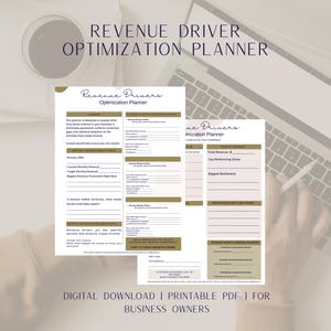 May include: A digital download planner with the text "Revenue Driver Optimization Planner" in a modern font. The planner includes sections for revenue analysis and growth planning. The image also includes a laptop and a cup of coffee.