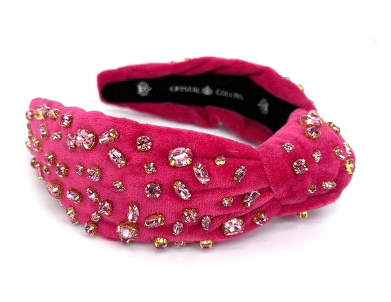 Pink Velvet Crystal Headband: Hand-sewn Silver Plated Gems  display picture 2