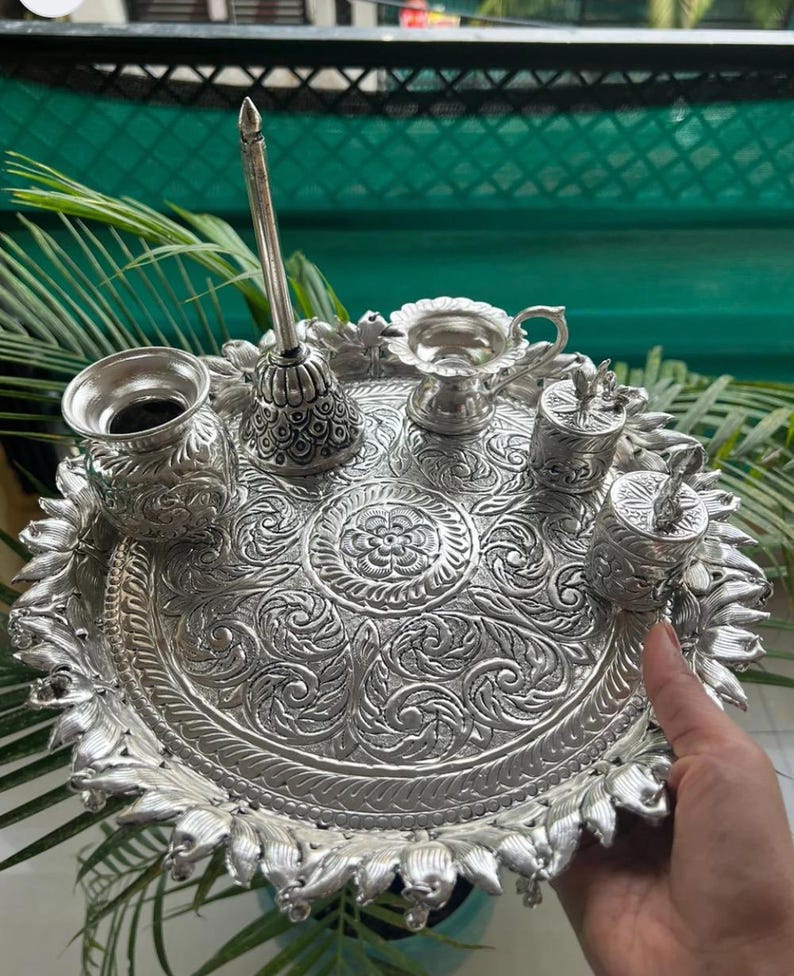 Handmade German Silver Pooja Thali Set With Hanging Ghunghuru (bells ...