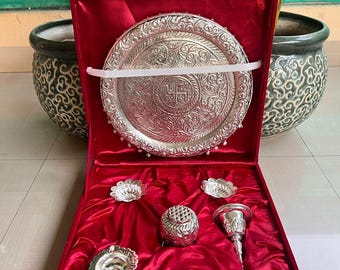 German Silver Pooja Thali Set With Hanging Ghunghurus (Bells) in a gift box.