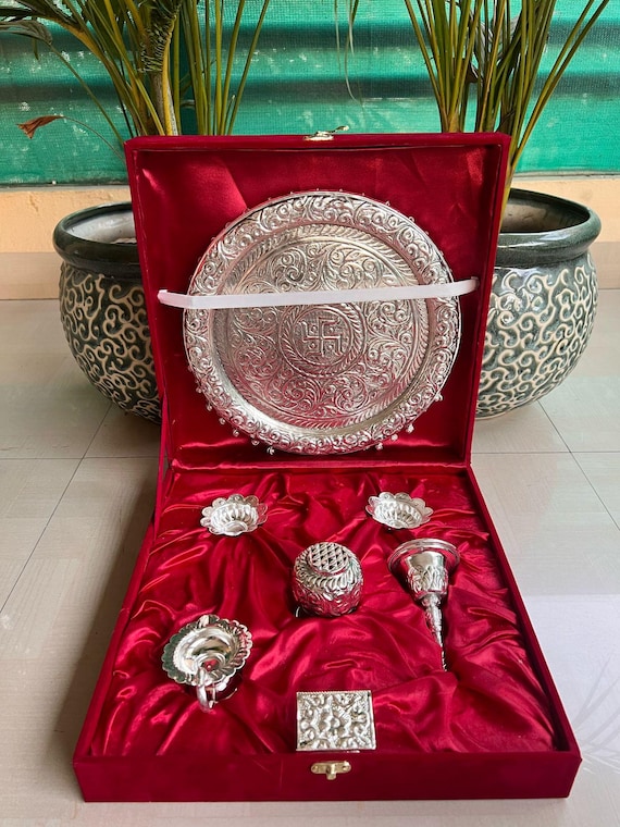 German Silver Pooja Thali Set With Hanging Ghunghurus (Bells) in a gift box.