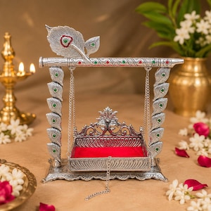 German Silver Krishna Jhula | Laddu Gopal Swing | Janmashtami Decor | Bal Gopal Jhoola | Home Temple Decor | Krishna Cradle image 1